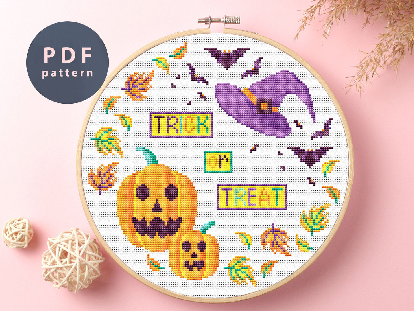 Witch Hat Cross Stitch Pattern: Halloween Ghost, Cat (PDF Pattern)