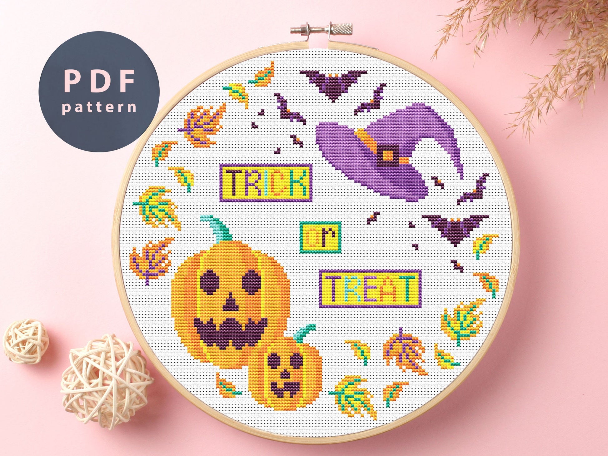 Witch Hat Cross Stitch Pattern: Halloween Ghost, Cat (PDF Pattern)