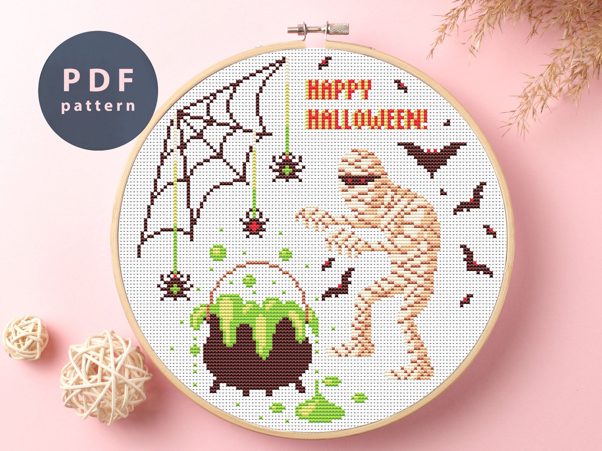 Mummy Cross Stitch Pattern: Halloween Witch Design (PDF Pattern)