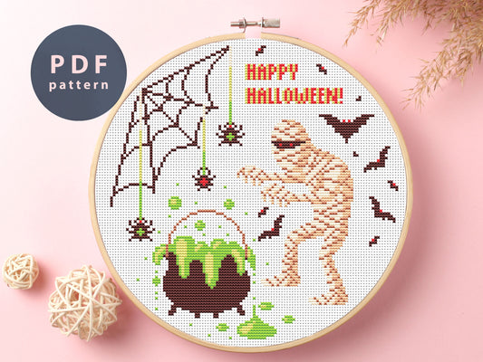 Mummy Cross Stitch Pattern: Halloween Witch Design (PDF Pattern)