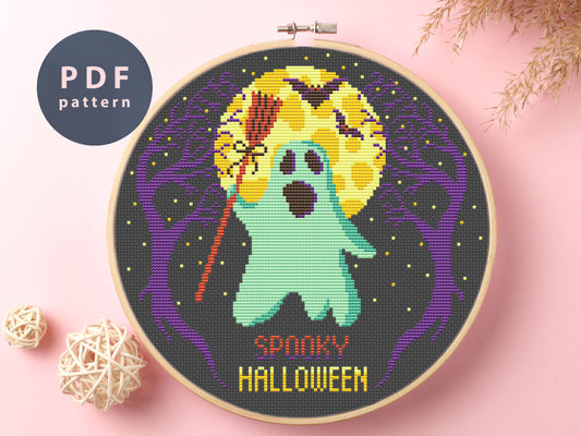 Halloween Ghost Cross Stitch Pattern: Moon and Pumpkin (Digital Download)