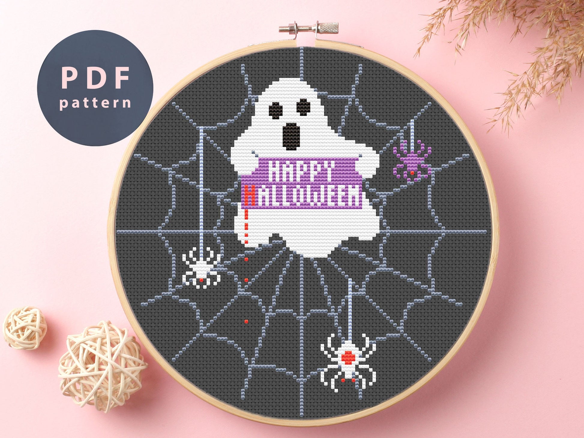 Happy Halloween Cross Stitch Pattern: Ghost & Spider Design (Digital Pattern)