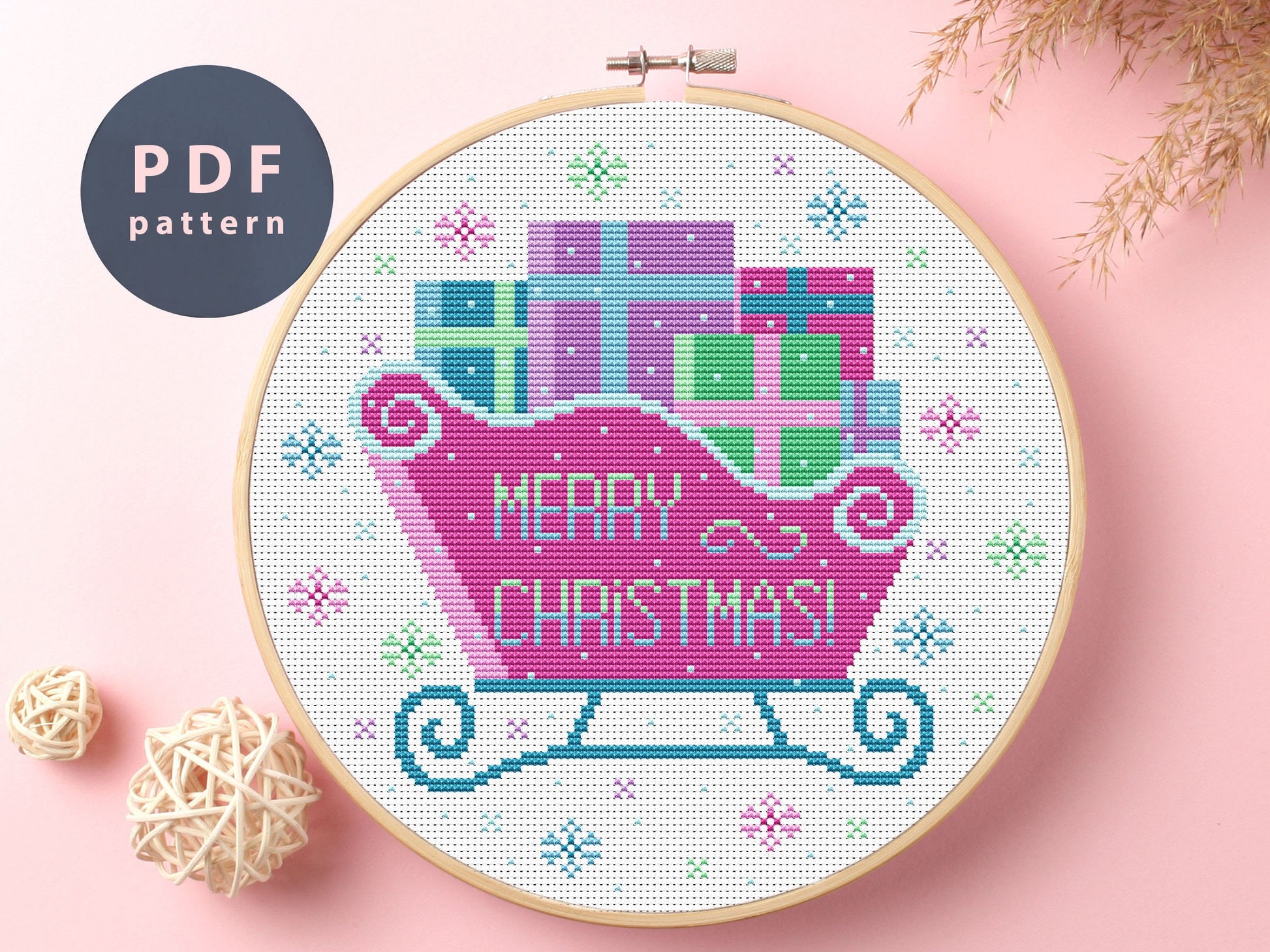 Cross Stitch Pattern Christmas Sleigh, Christmas Gifts For Mom, Digital Download Art
