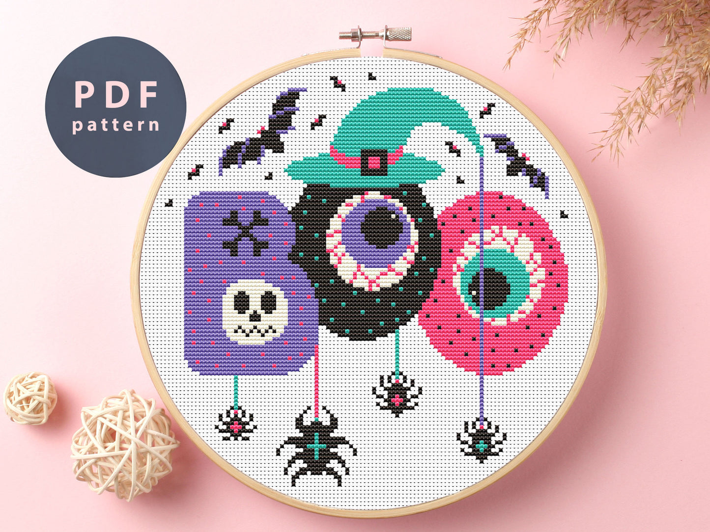 Witch's Eyes Cross Stitch Pattern: Halloween Cat & Jack O' Lantern (PDF Pattern)