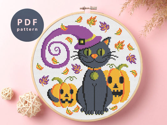 Cross Stitch Pattern Cat With Hat, Halloween Jack O Lantern Art, Pdf Pattern