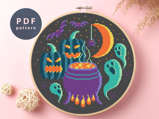 Halloween Potion Cross Stitch Pattern: Pumpkin, Ghosts (PDF Pattern)