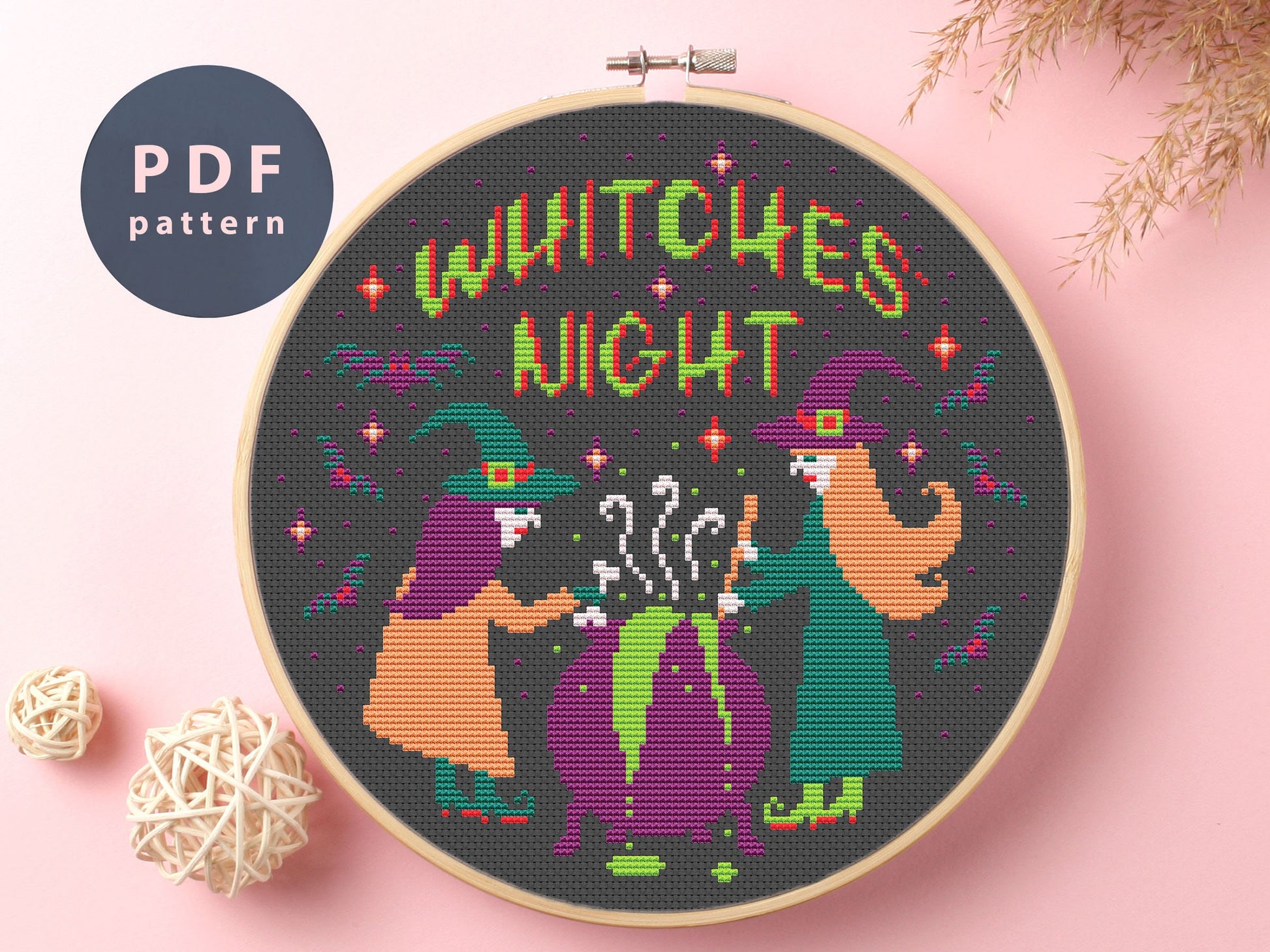 Cross Stitch Pattern Whitchs Night, Beginner Pattern, Halloween Pumpkin Decoration Kits, Do It Yourself