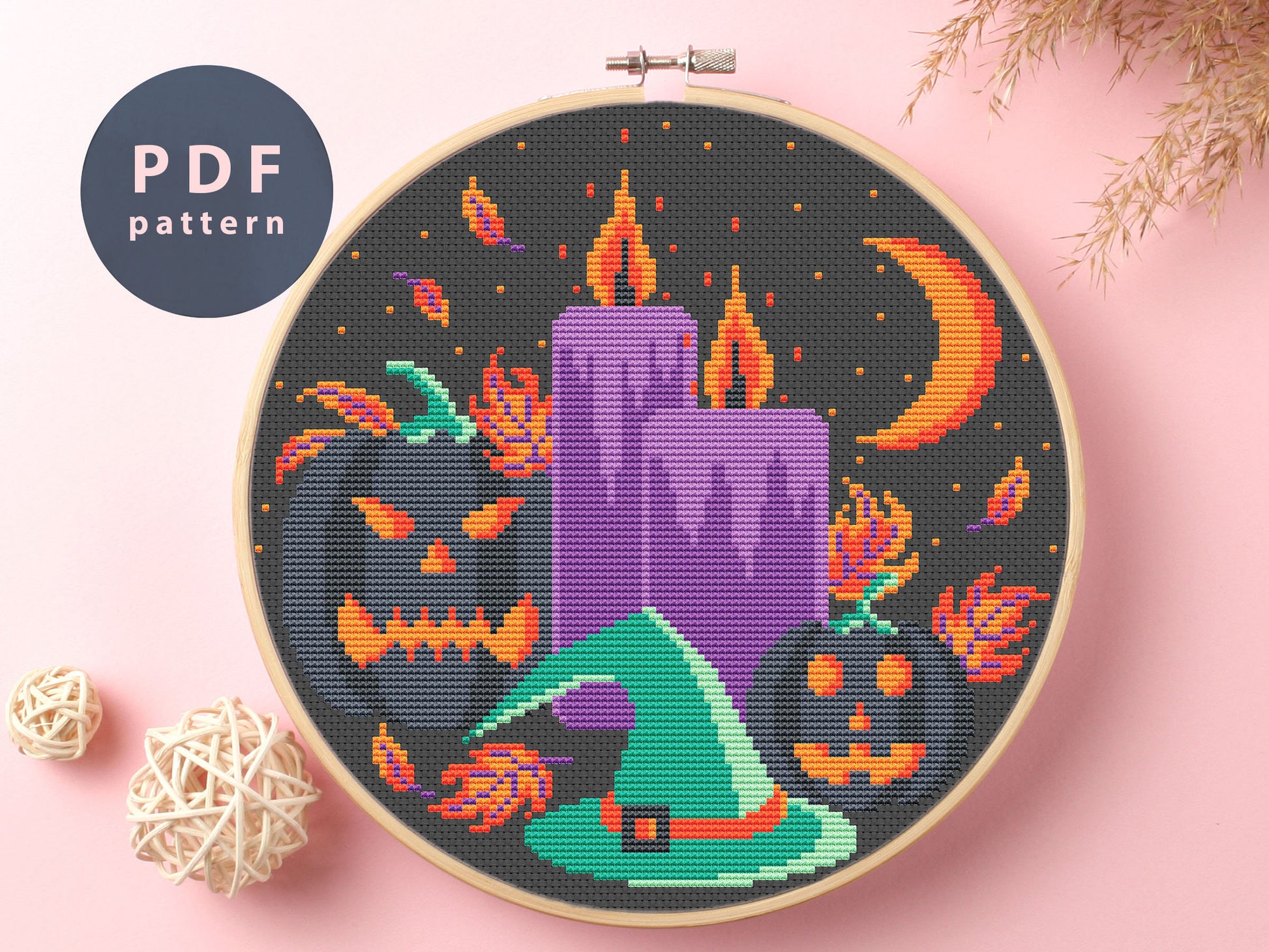 Halloween Candles Cross Stitch Pattern: Pumpkin & Witch (PDF Pattern)