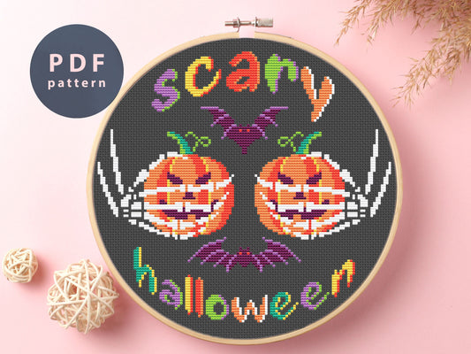 Scary Halloween Cross Stitch Pattern: Pumpkin & Bats (PDF Pattern)