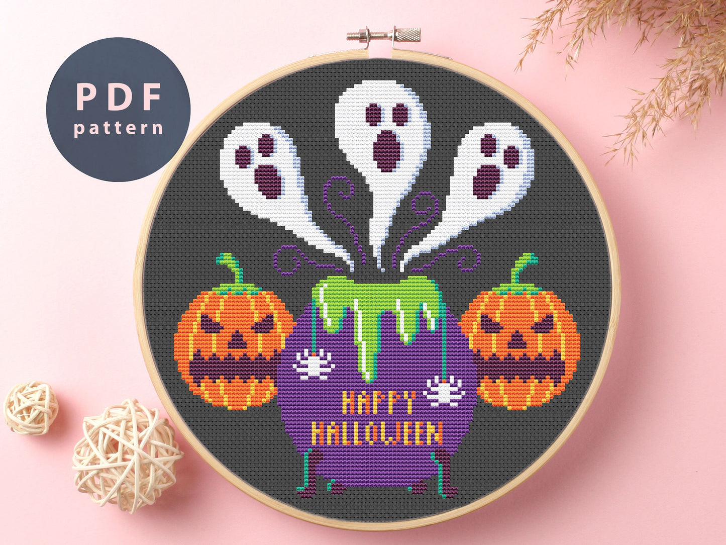 Scary Halloween Cross Stitch Pattern: Witch, Ghosts (PDF Pattern)