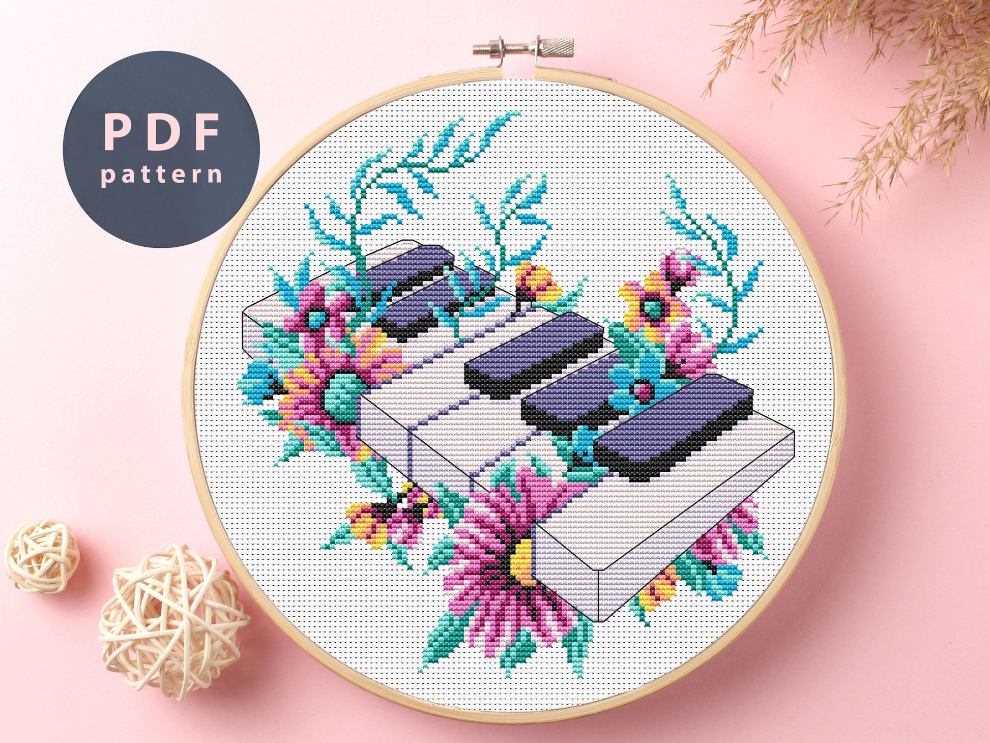 Piano Keys Cross Stitch Pattern: Floral Music Sampler (PDF Pattern)