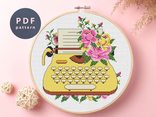 Typewriter Cross Stitch Pattern: Floral Cottagecore Design (PDF Pattern)