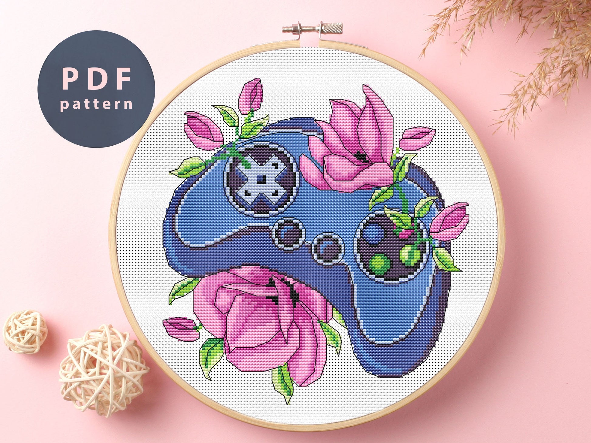 Gamepad Floral Cross Stitch Pattern: Simple DIY Embroidery (PDF Pattern)