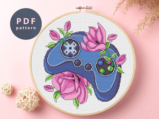 Gamepad Floral Cross Stitch Pattern: Simple DIY Embroidery (PDF Pattern)