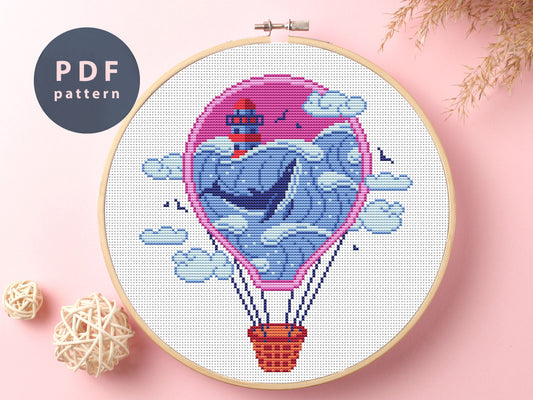 Hot Air Balloon Cross Stitch Pattern: Kids Cartoon Embroidery (PDF Pattern)