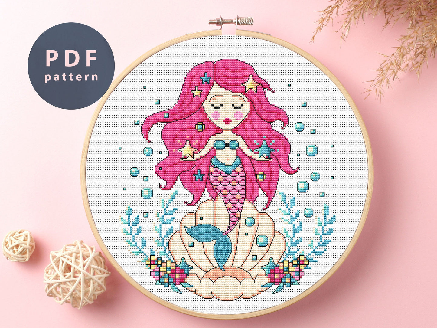 Mermaid Cross Stitch Pattern: Kawaii DIY Embroidery (PDF Pattern)