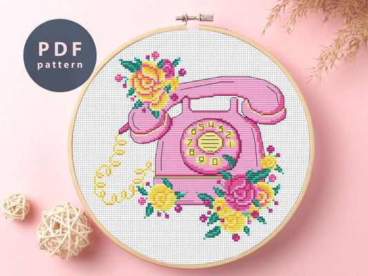Pink Telephone Floral Cross Stitch Pattern: Cottagecore Cartoon (PDF Pattern)