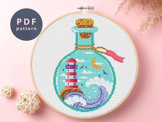 Bottle Seascape Cross Stitch Pattern: Lighthouse, Waves (Digital Download)