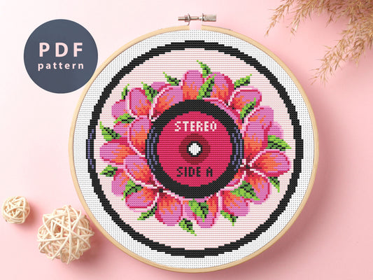 Floral Vinyl Record Cross Stitch Pattern: DIY Music Lover Gift (PDF Pattern)