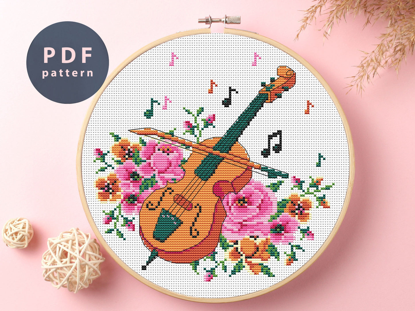 Violin Floral Cross Stitch Pattern: Music Embroidery (PDF Pattern)