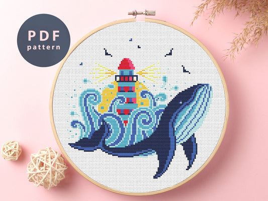 Whale & Lighthouse Cross Stitch Pattern: Ocean Sampler (PDF Pattern)