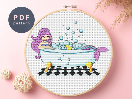 Mermaid in Bathroom Cross Stitch Pattern: Cartoon Embroidery (PDF Pattern)