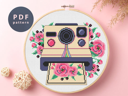 Polaroid Floral Cross Stitch Pattern: DIY Embroidery (PDF Pattern)