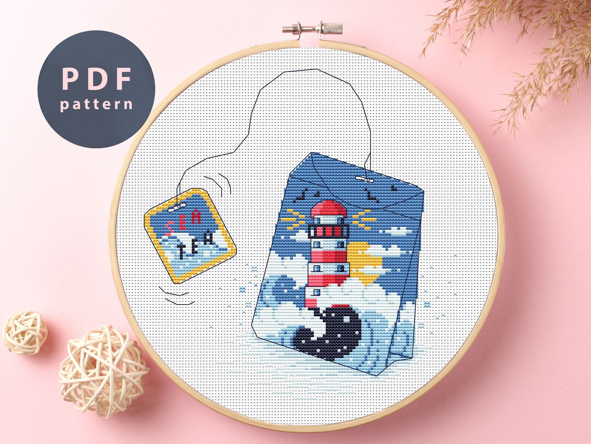 Tea Bag Lighthouse Cross Stitch Pattern: Modern Embroidery Art (Digital Download)