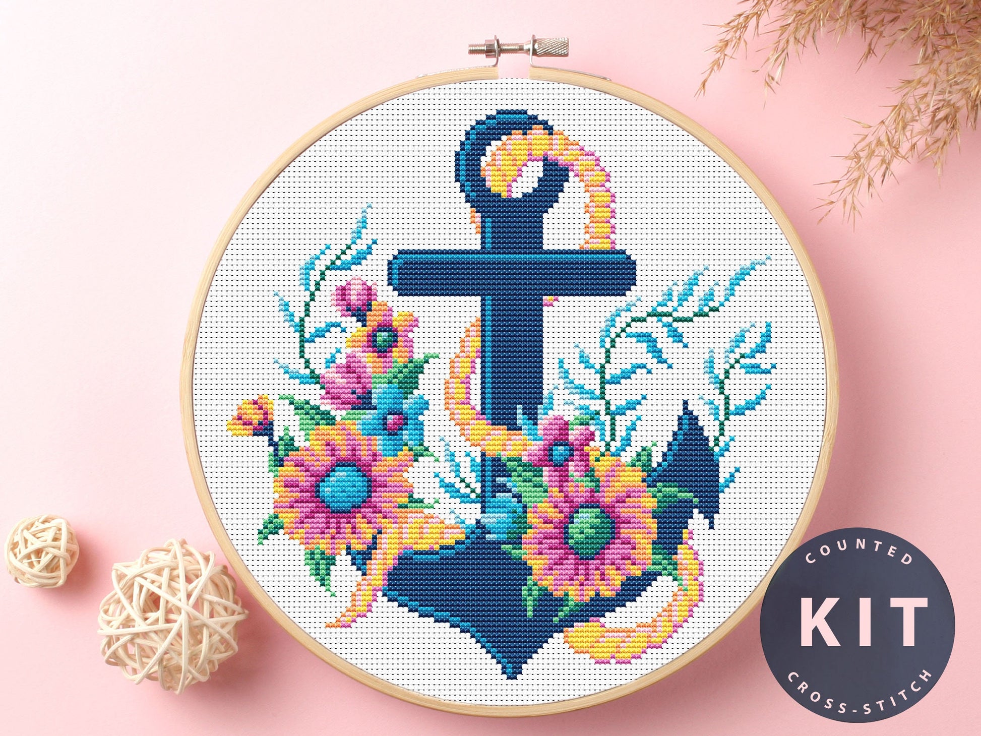Floral Anchor Cross Stitch Kit: Sea Theme, DIY Embroidery