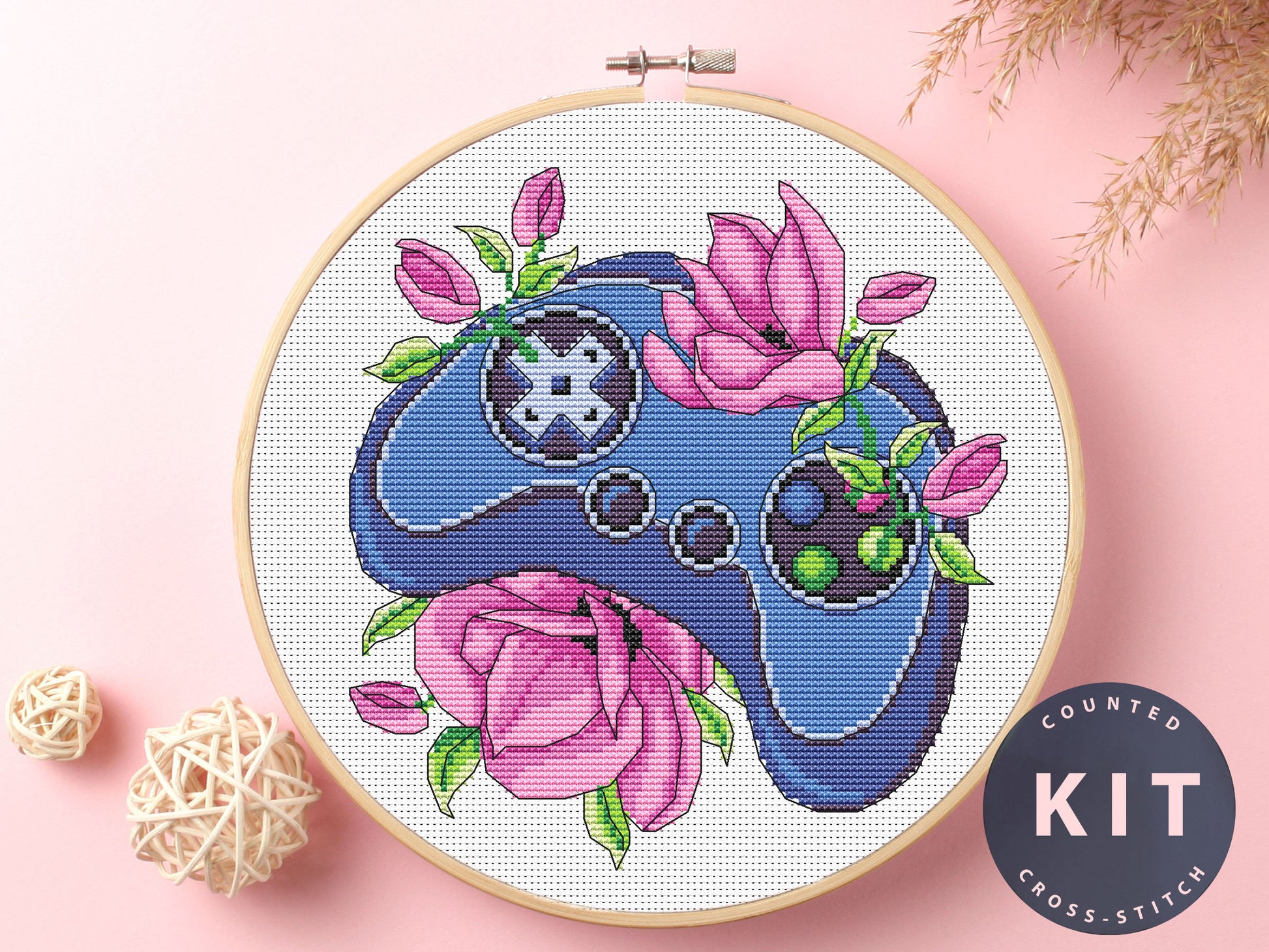Gamepad Floral Cross Stitch Kit: Beginner DIY Embroidery