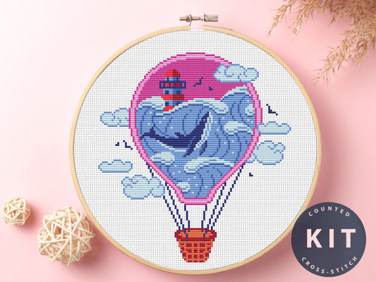 Air Balloon Whale Cross Stitch Kit: DIY Craft with DMC Floss