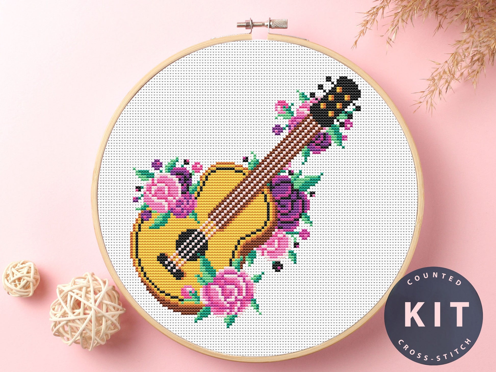 Guitar Cross Stitch Kit: Floral Music Embroidery, Needlework Design