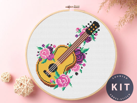 Guitar Cross Stitch Kit: Floral Music Embroidery, Needlework Design