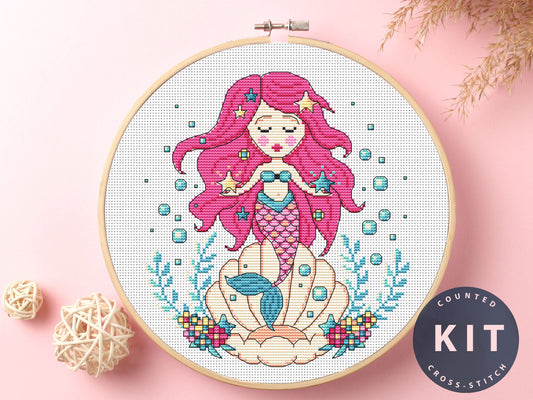 Mermaid Cross Stitch Kit: Sea Embroidery Pattern (DMC Floss)