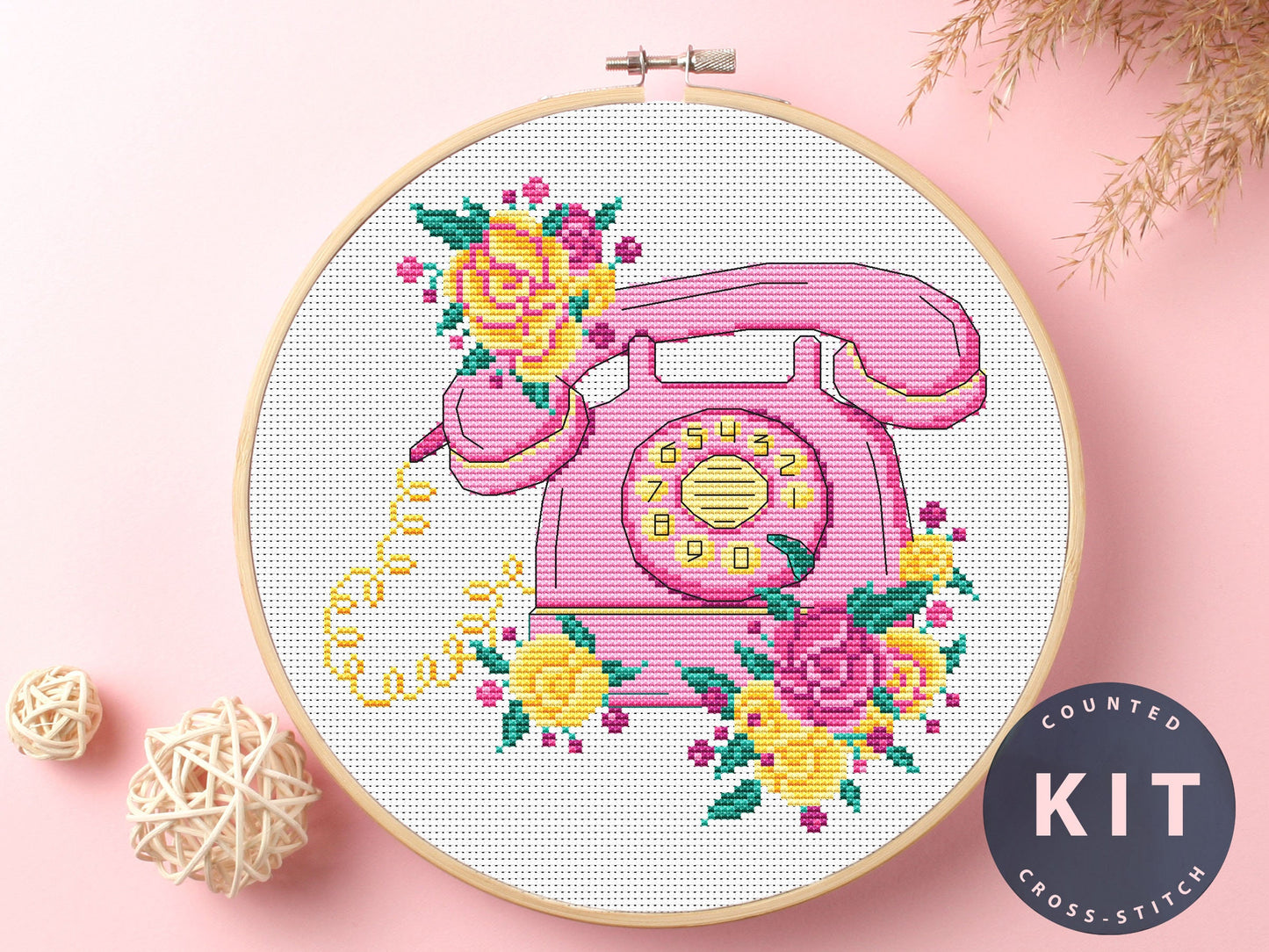 Telephone Cross Stitch Kit: Floral Fantasy Hand Embroidery Art