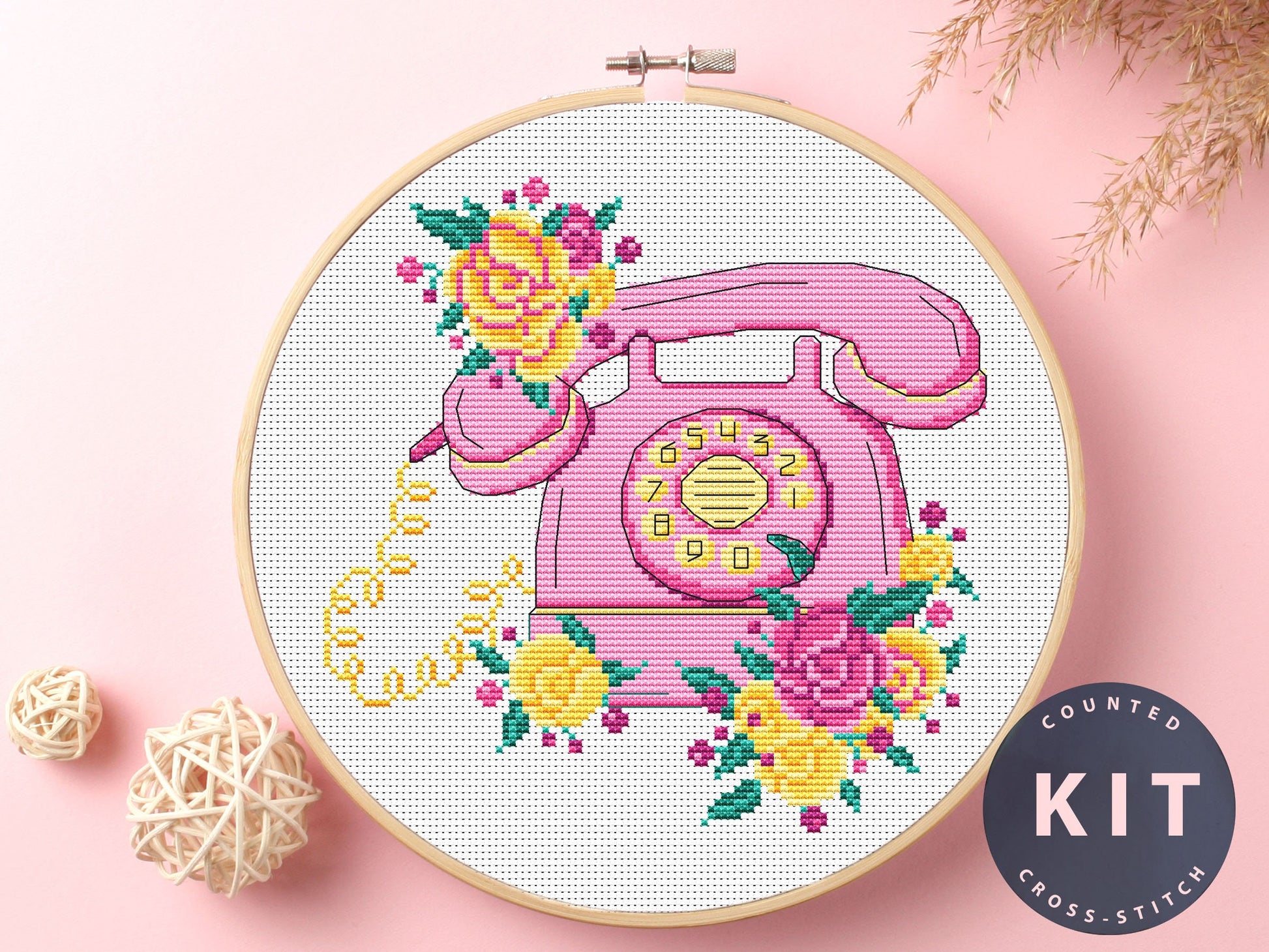 Telephone Cross Stitch Kit: Floral Fantasy Hand Embroidery Art