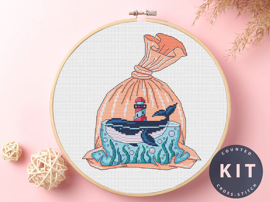 Whale In Package Cross Stitch Kit: Save The Ocean DIY Art