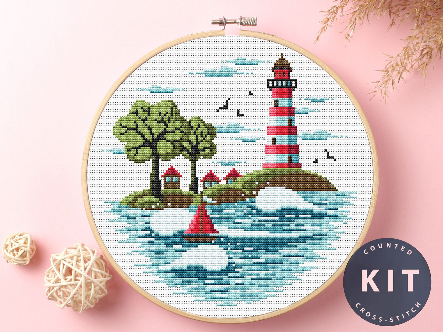 Lighthouse Seascape Cross Stitch Kit: DIY Embroidery Gift