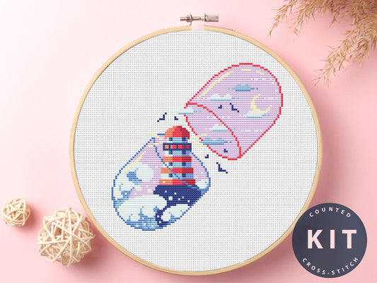 Pill Cross Stitch Kit: Modern City Landscape Embroidery