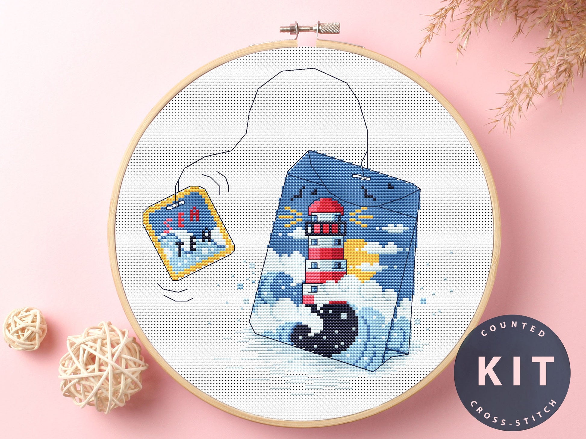 Tea Bag Cross Stitch Kit: Lighthouse Embroidery, Beginner Craft