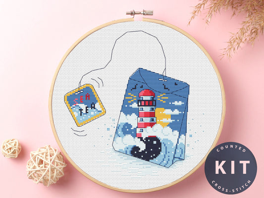 Tea Bag Cross Stitch Kit: Lighthouse Embroidery, Beginner Craft
