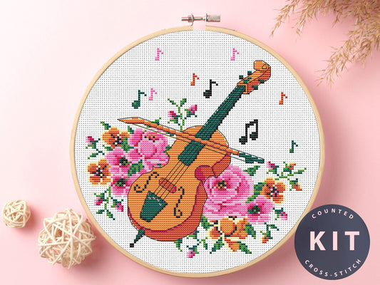 Violin Cross Stitch Kit: Floral Music DIY Art