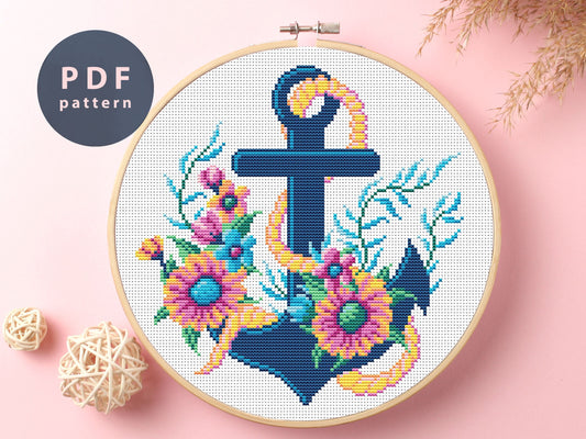 Floral Anchor Cross Stitch Pattern: Cottagecore Sea Design (PDF Pattern)
