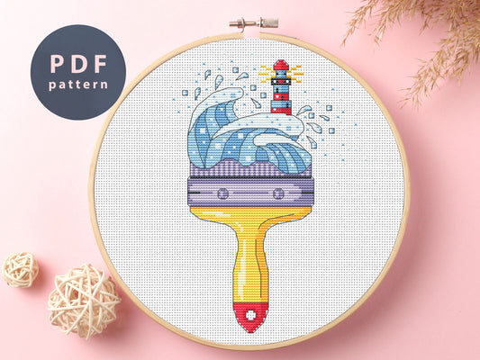 Brush Lighthouse Cross Stitch Pattern: Sea Waves Embroidery (PDF Pattern)