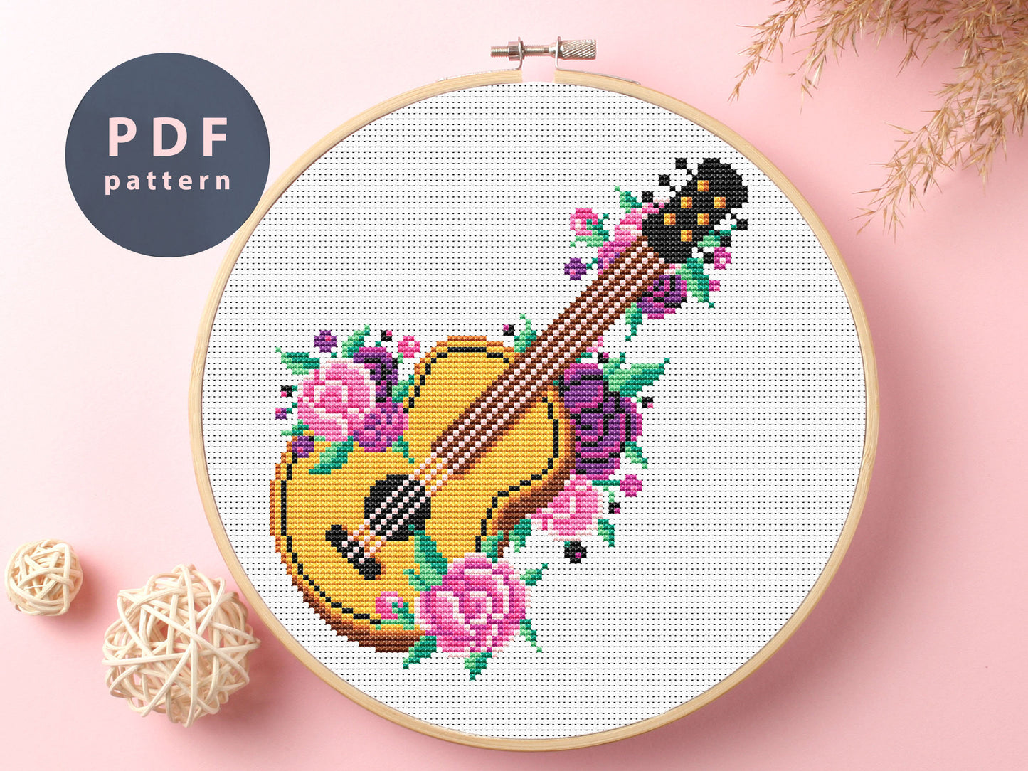 Guitar Floral Cross Stitch Pattern: Modern DIY Craft (PDF Pattern)