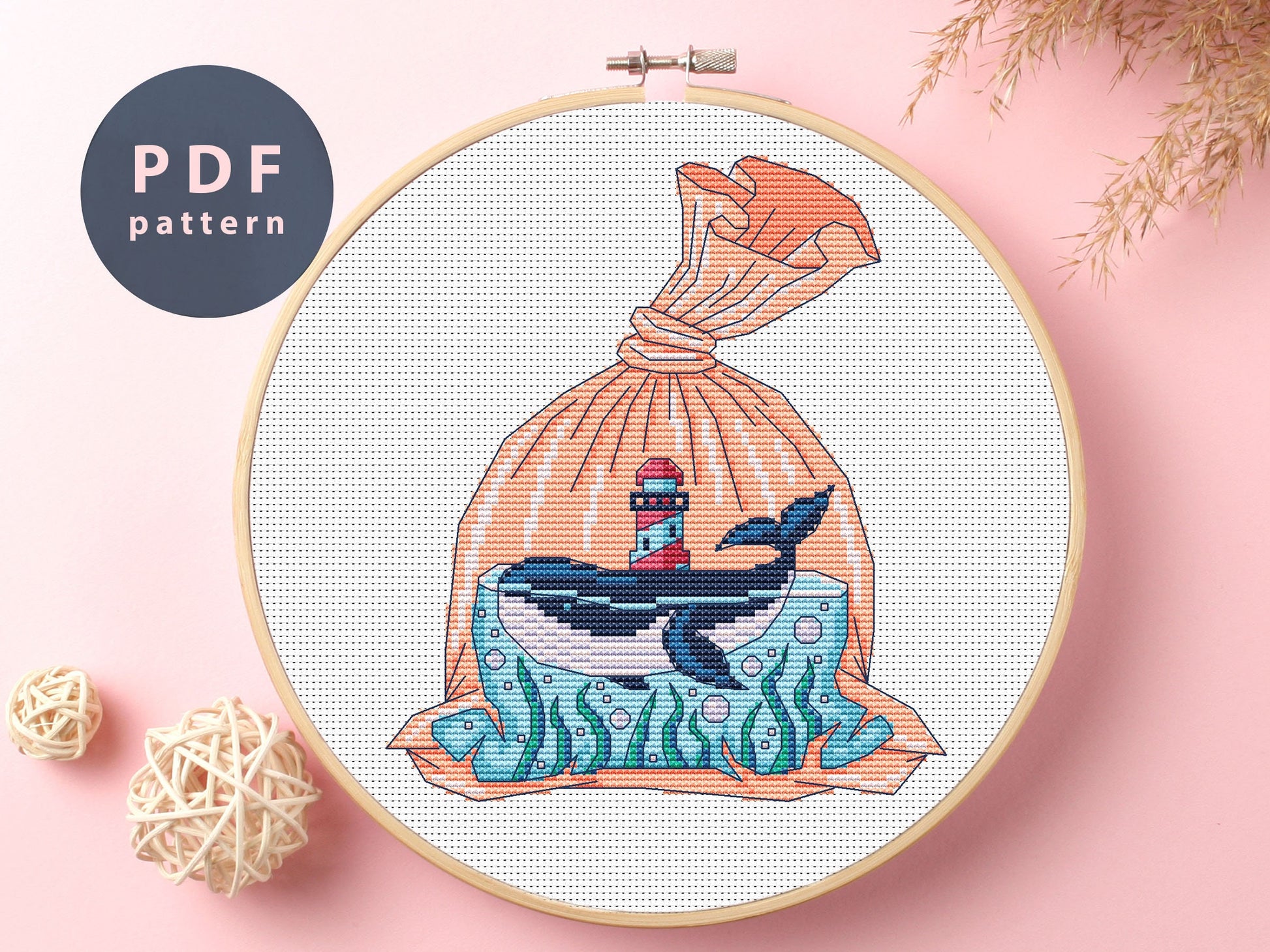 Whale & Lighthouse Cross Stitch Pattern: Save The Ocean (PDF Pattern)
