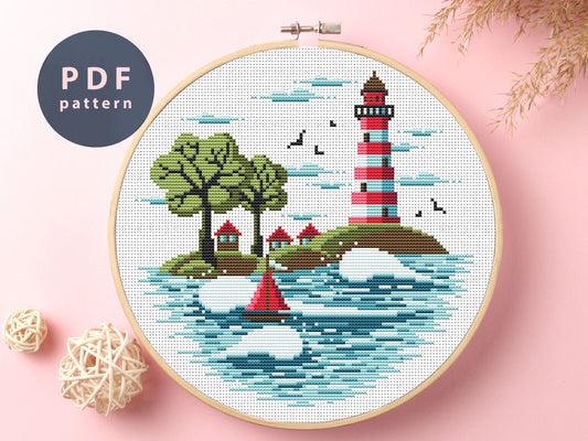 Seascape Lighthouse Cross Stitch Pattern: DIY Nature Craft (Digital Download)