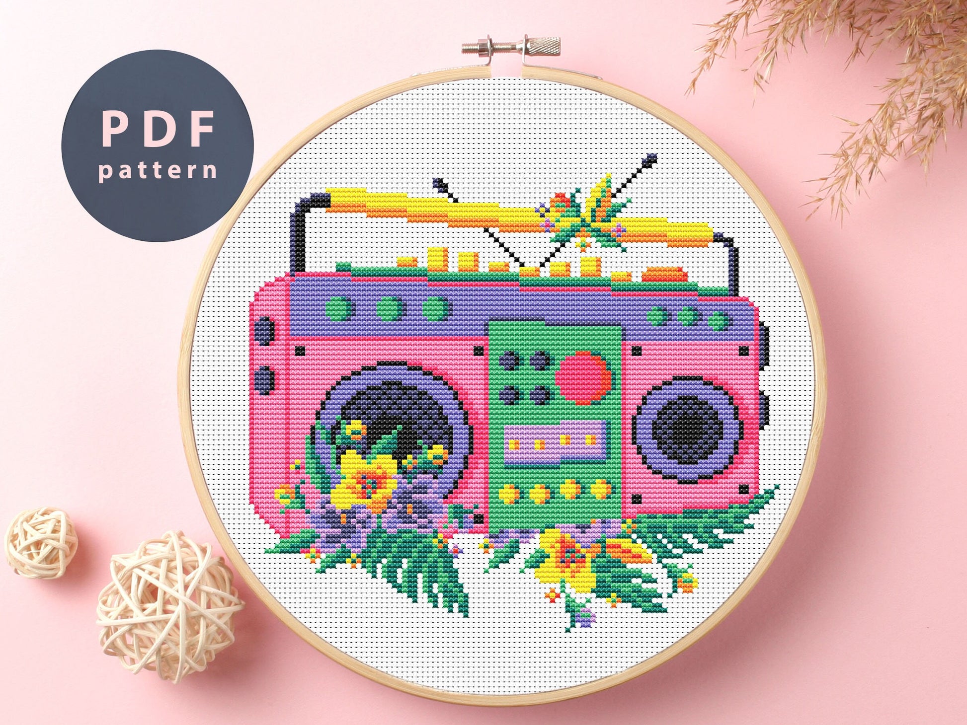 Boombox Floral Cross Stitch Pattern: Home Decor Embroidery (PDF Pattern)