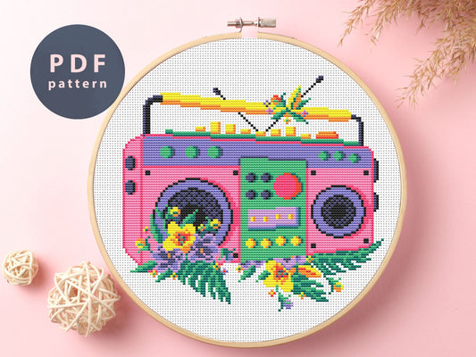 Boombox Floral Cross Stitch Pattern: Home Decor Embroidery (PDF Pattern)