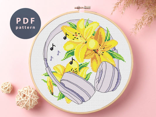 Headphones & Lily Cross Stitch Pattern: Modern Abstract Design (PDF Pattern)